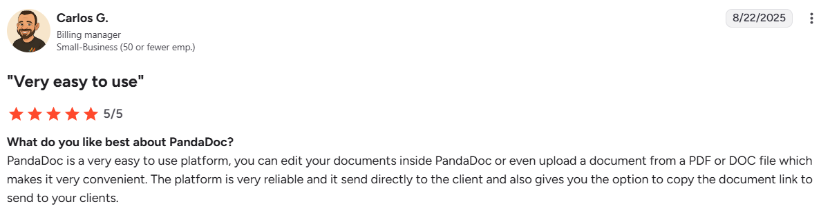A screenshot with a customer review detailing what they like best about PandaDoc