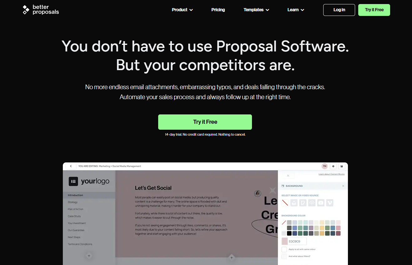 Screenshot van de website betterproposals.com