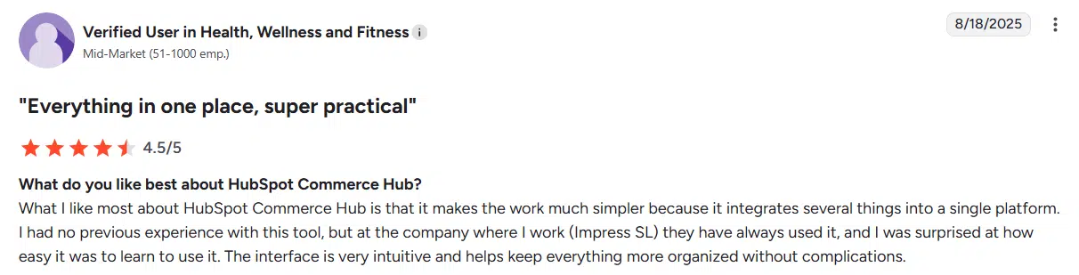 HubSpot Commerce Hub customer answers how they feel about the tool