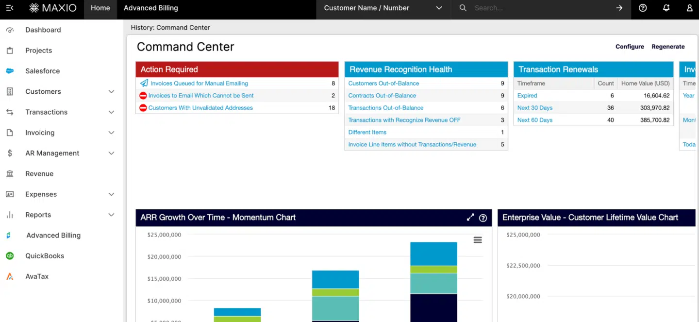 A screenshot of the Maxio Command Center with all the options and processes involved