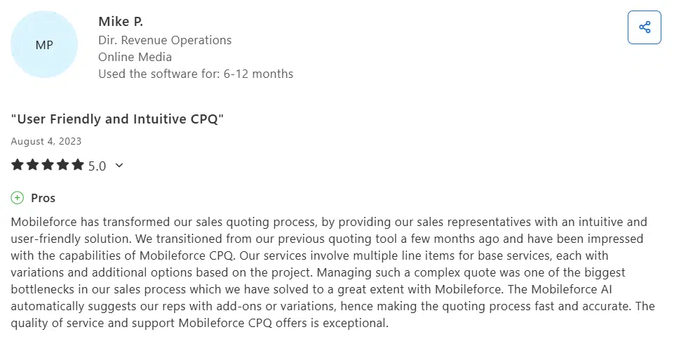 Mobileforce CPQ customer feedback
