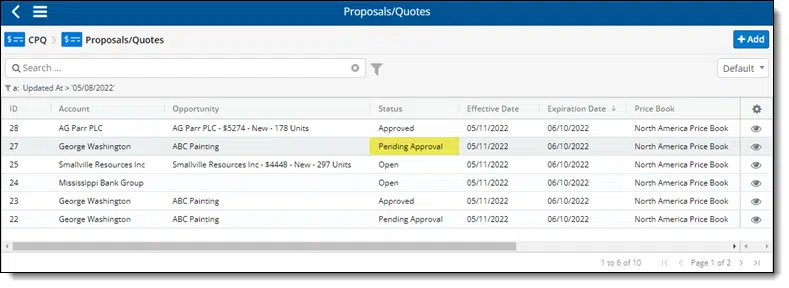 A screenshot of the Mobileforce CPQ proposals and quotes