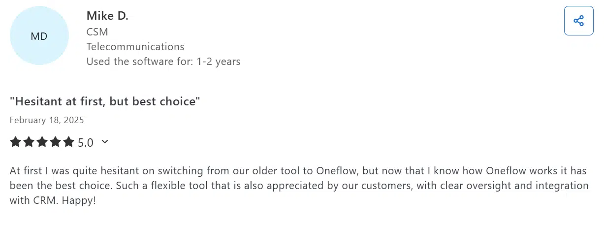Oneflow customer review