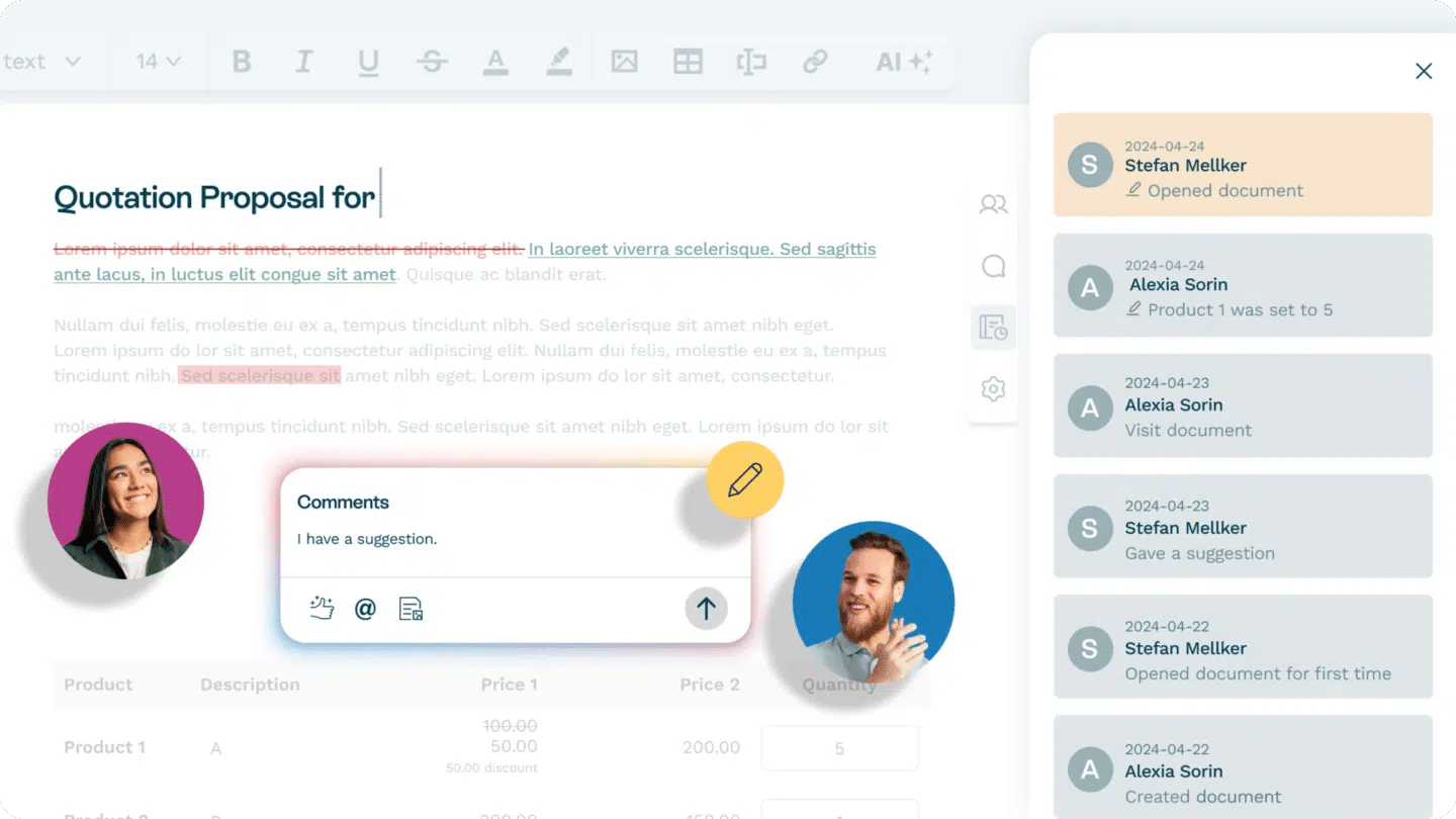 Oneflow quoting software solution with access to in-document comments