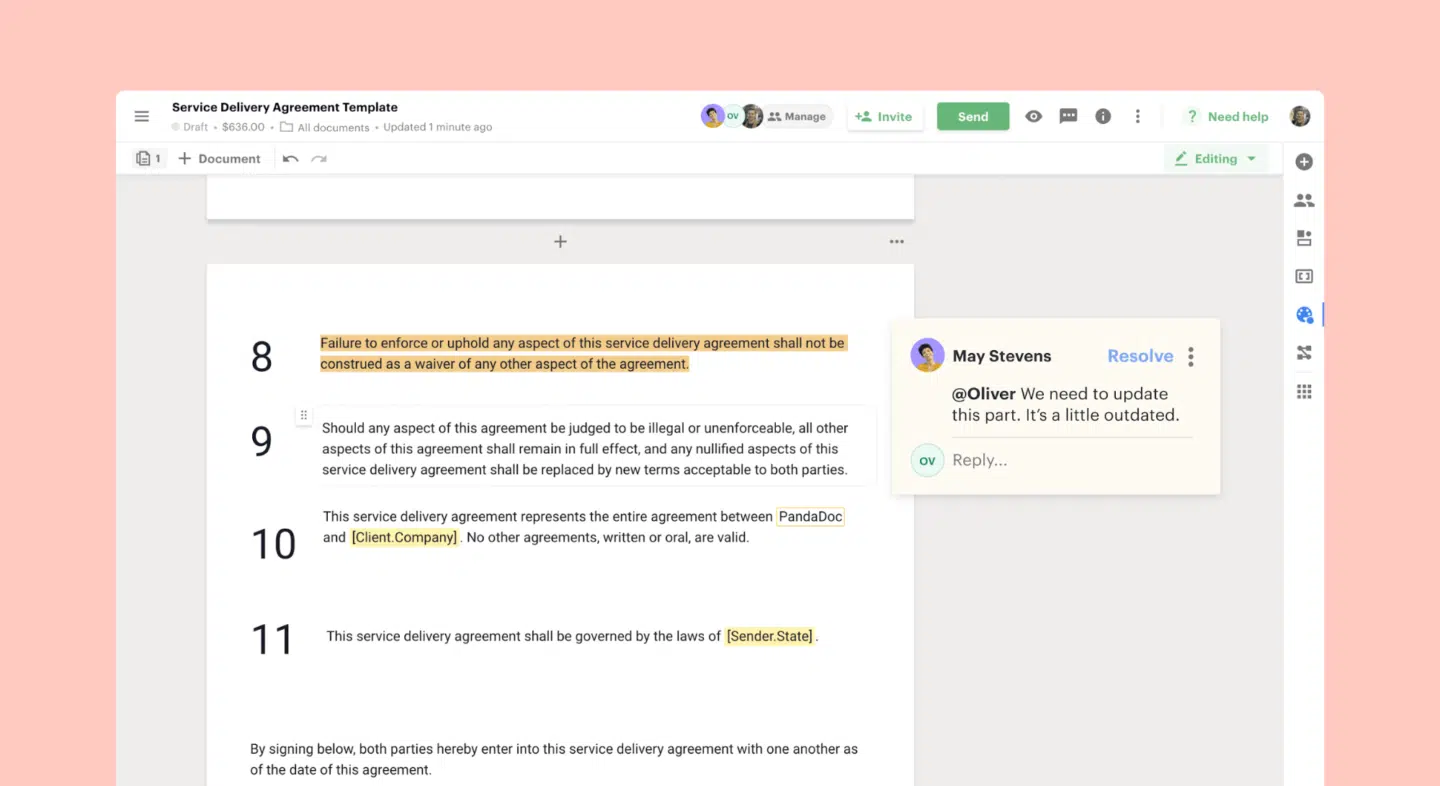 A screenshot of the PandaDoc contract generation process helpful for booking deals