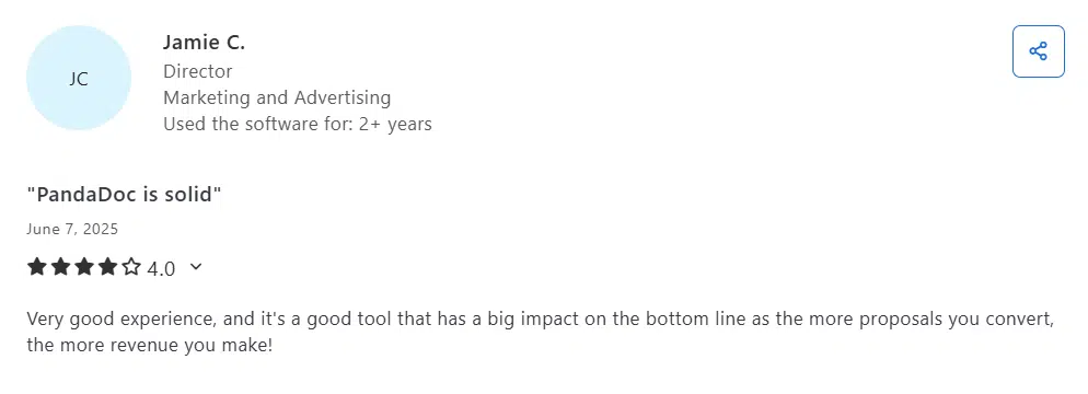 PandaDoc user review on a free software review site