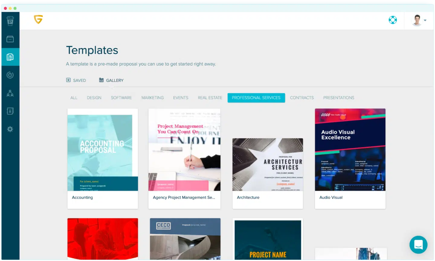 Pre-built templates and proposal drafts available inside Proposify