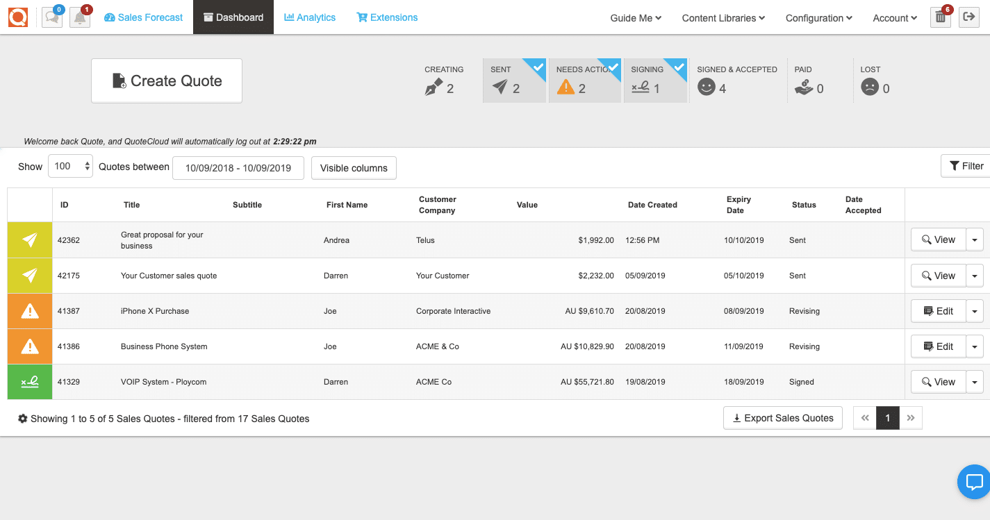 QuoteCloud quote creation dashboard