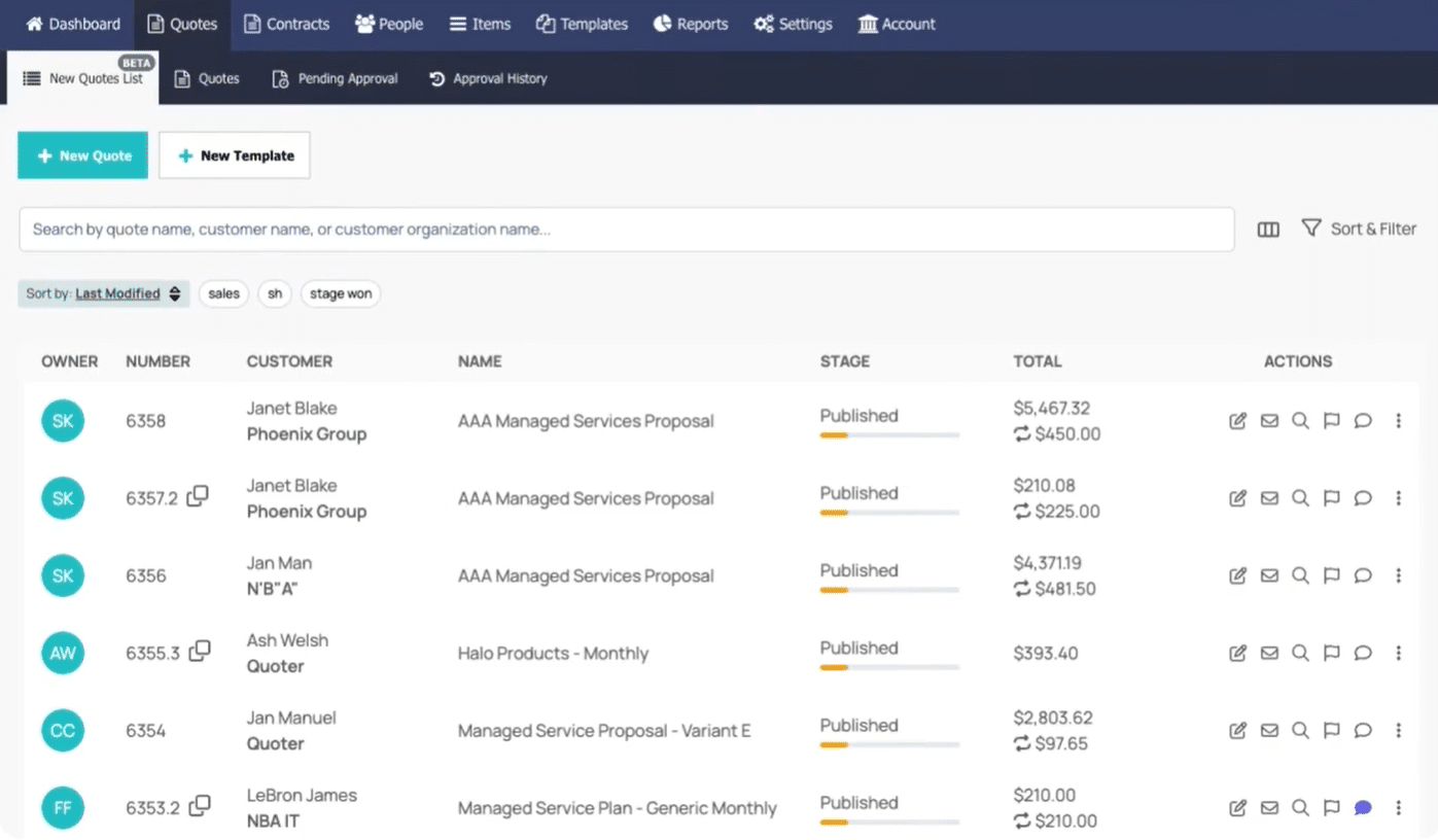 Quoter (ScalePad) quotes list