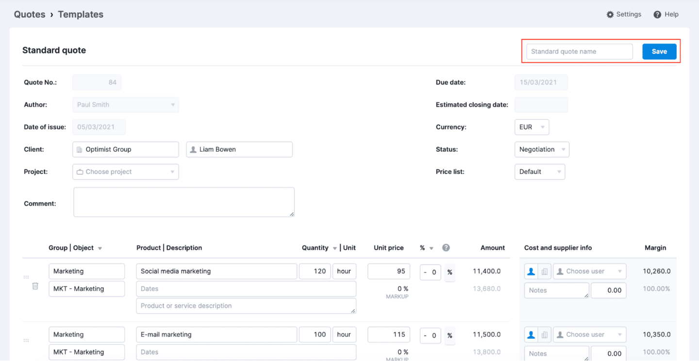 Scoro quote creation template
