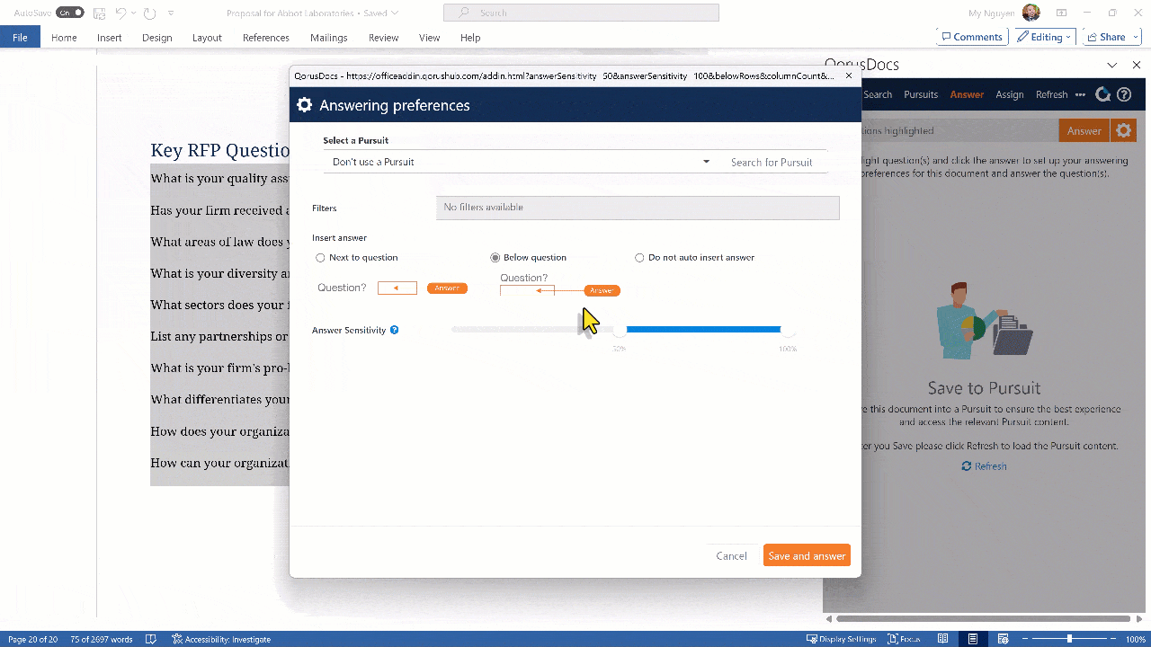 A GIF of the auto answer feature provided by QorusDocs