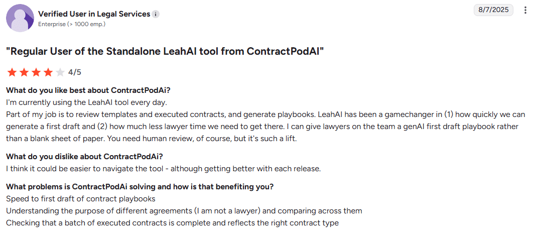 ContractPodAi LeahAI opinion from a customer