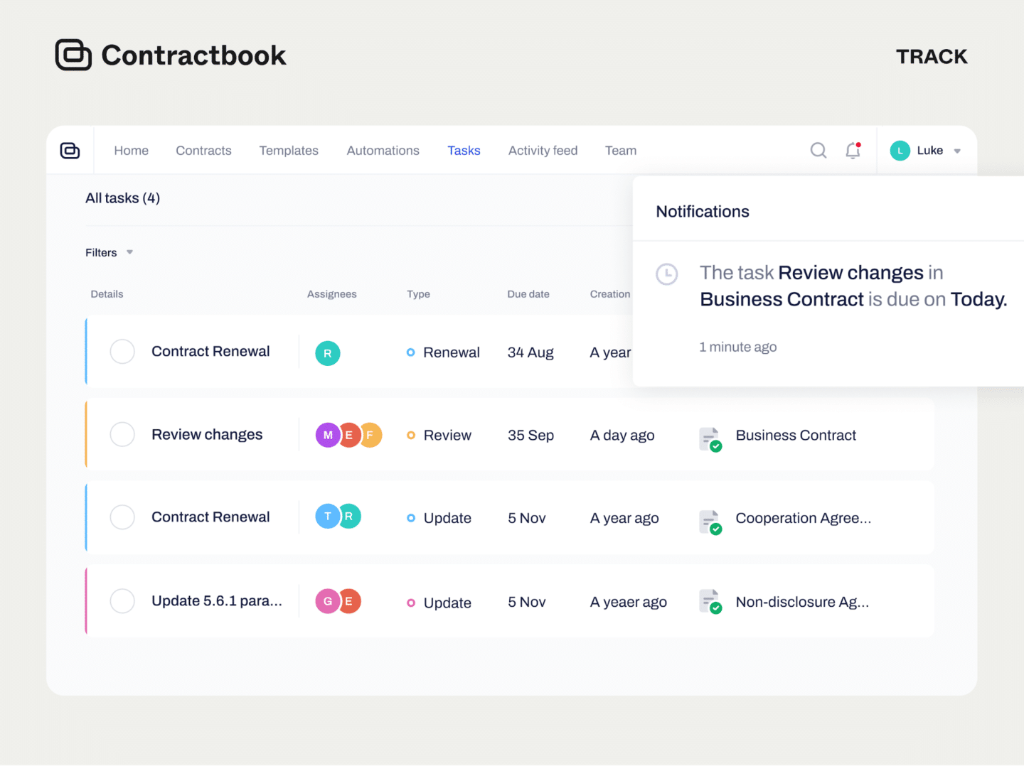 Contractbook contract management tasks list
