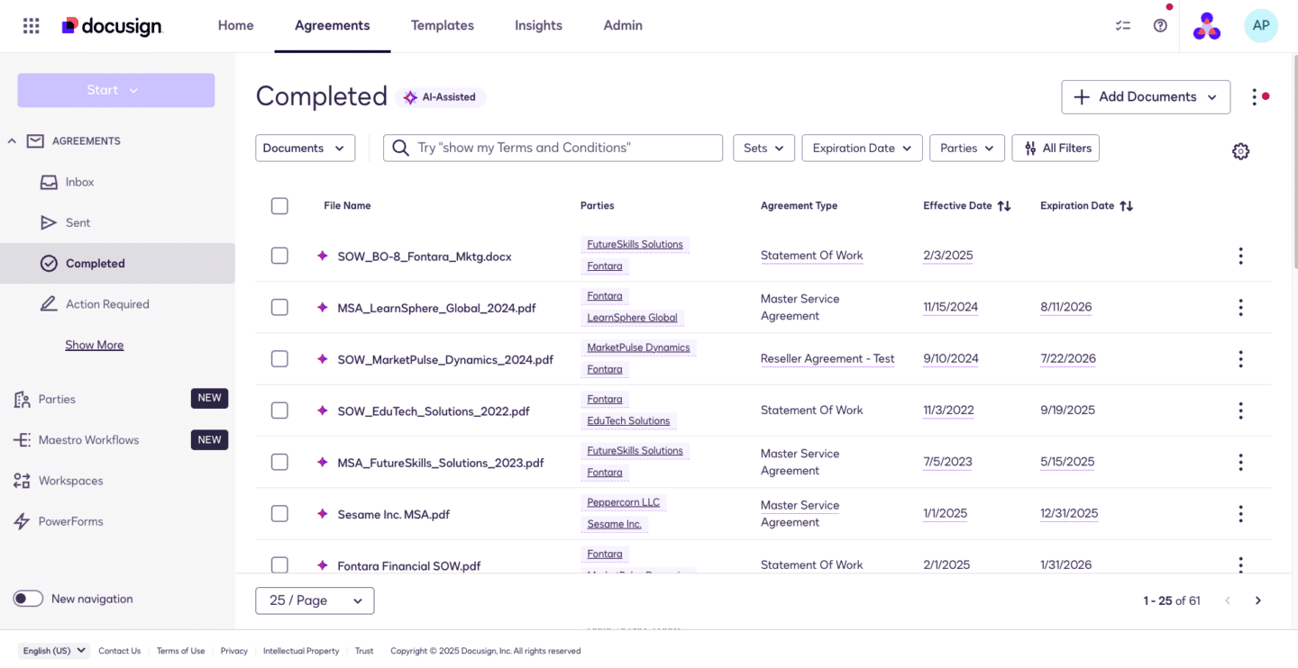 Docusign contract repository management with multiple contracts stored