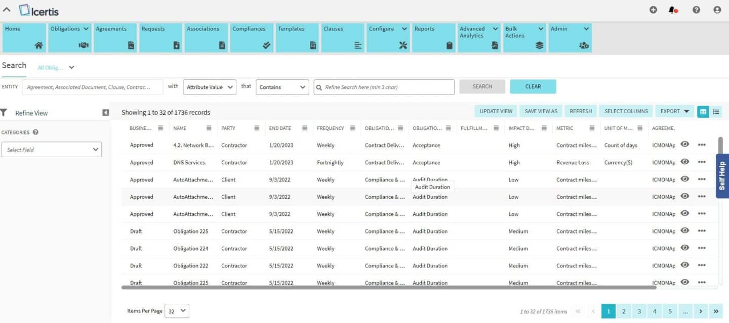 Icertis contract management software showing contract portfolio