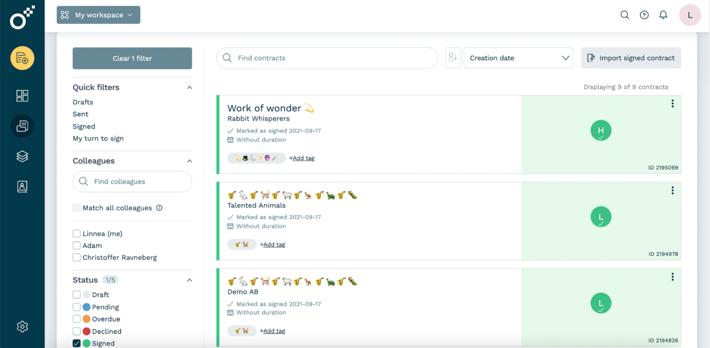 Oneflow contract management analytics dashboard showing important contract data