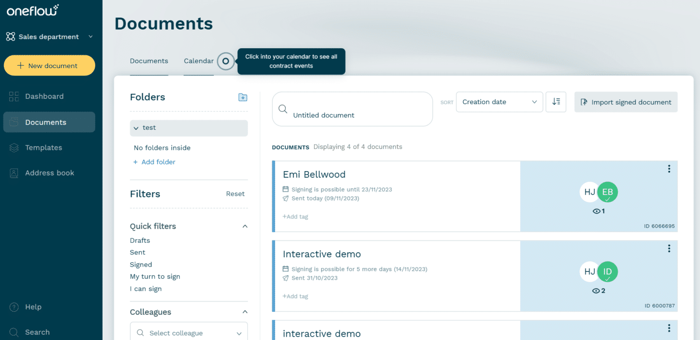 Oneflow document workflow automation including calendar view for contract events