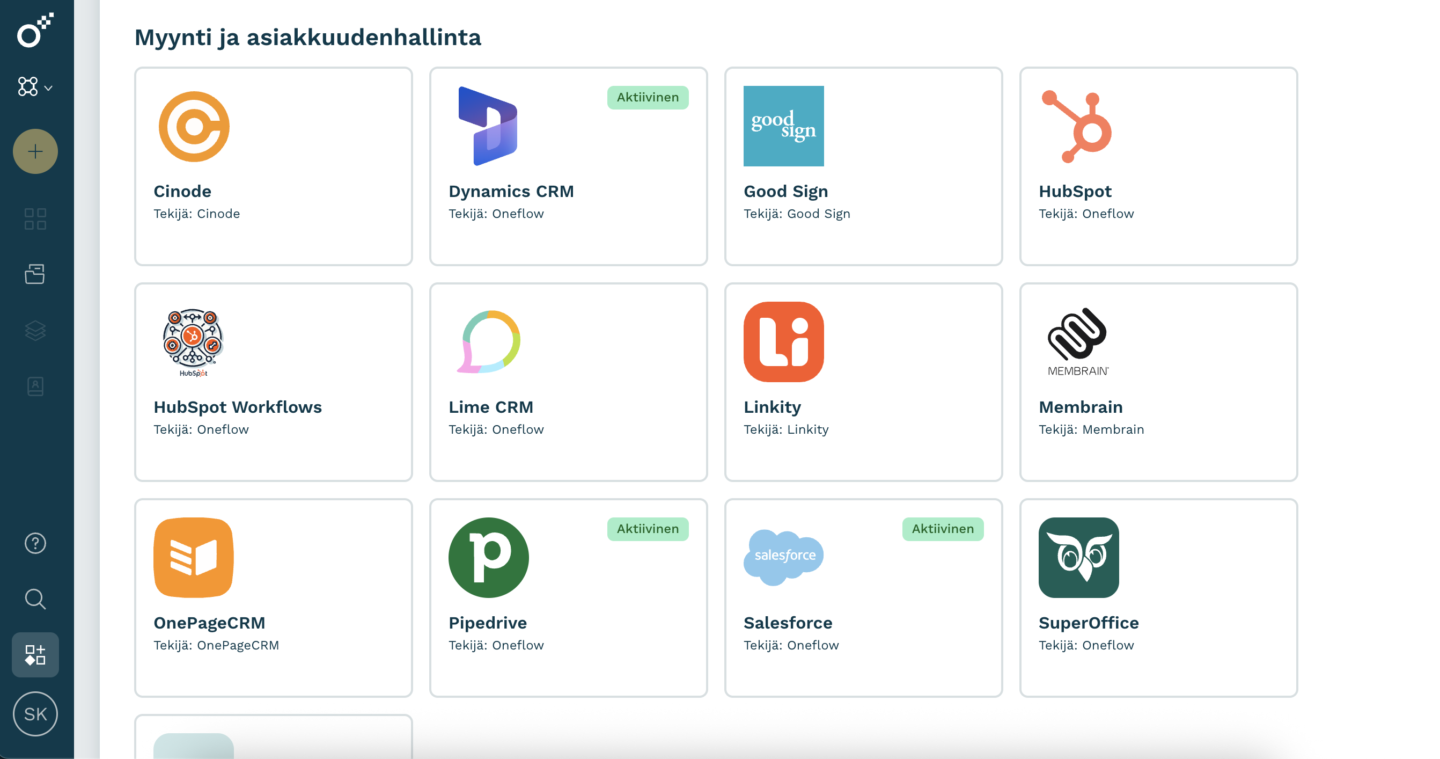 Kuvakaappaus Oneflow'n integraatiosivusta HubSpotin, Salesforcen, Microsoft Dynamics 365:n, Zapierin ja muiden sopimustenhallintaliittimien kanssa