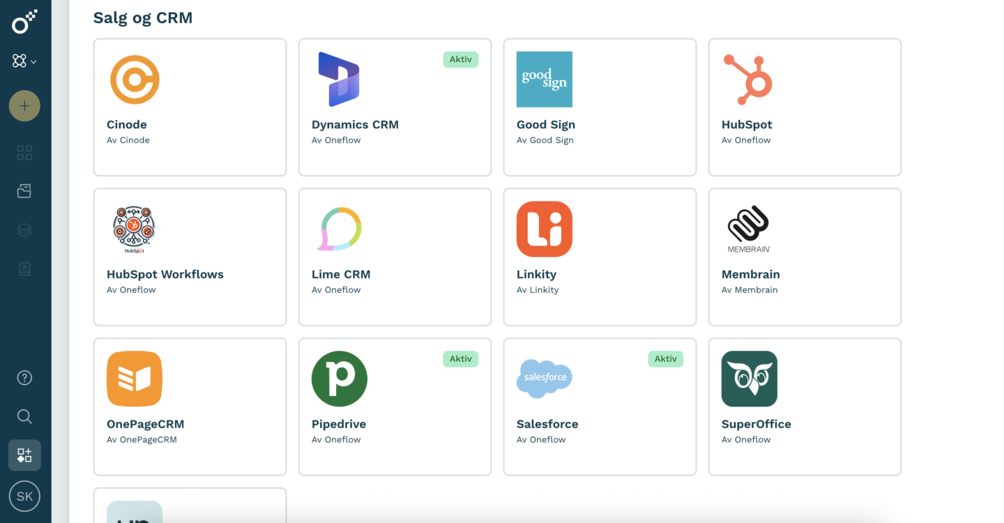 Skjermbilde av Oneflows integrasjonsside med HubSpot, Salesforce, Microsoft Dynamics 365, Zapier og andre tilkoblinger for kontraktshåndtering