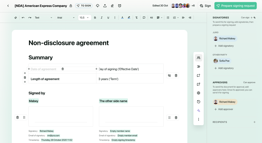 Juro contract management tool supporting contract review from the right stakeholders on the digital platform