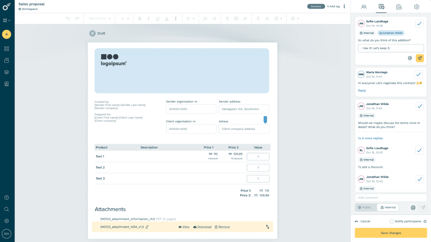 Overzicht van contractsoftware voor sales met contractlijst, statussen en filters in Oneflow voor Nederlandse salesteams