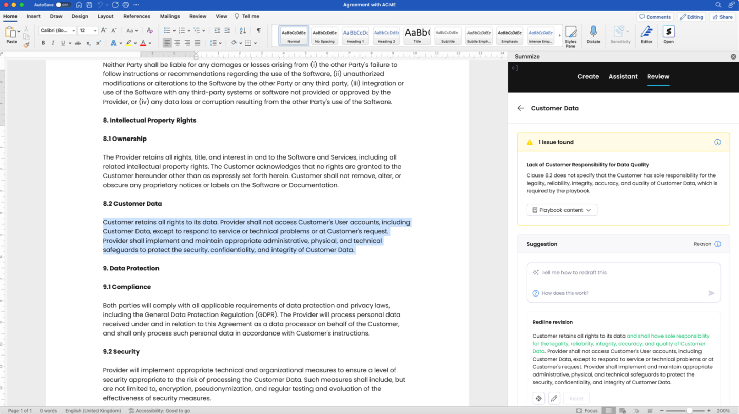 Summize contract review and redlining