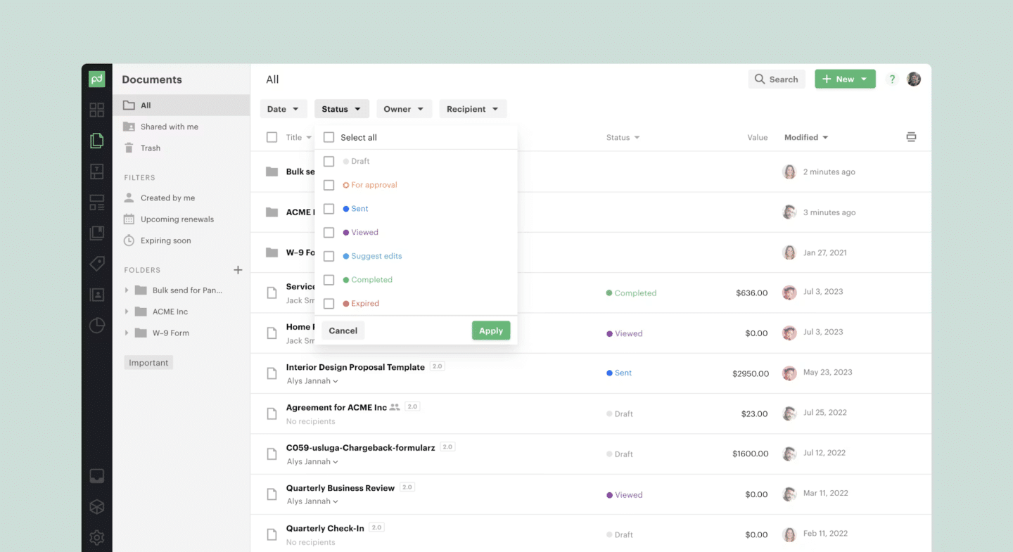 PandaDoc dashboard