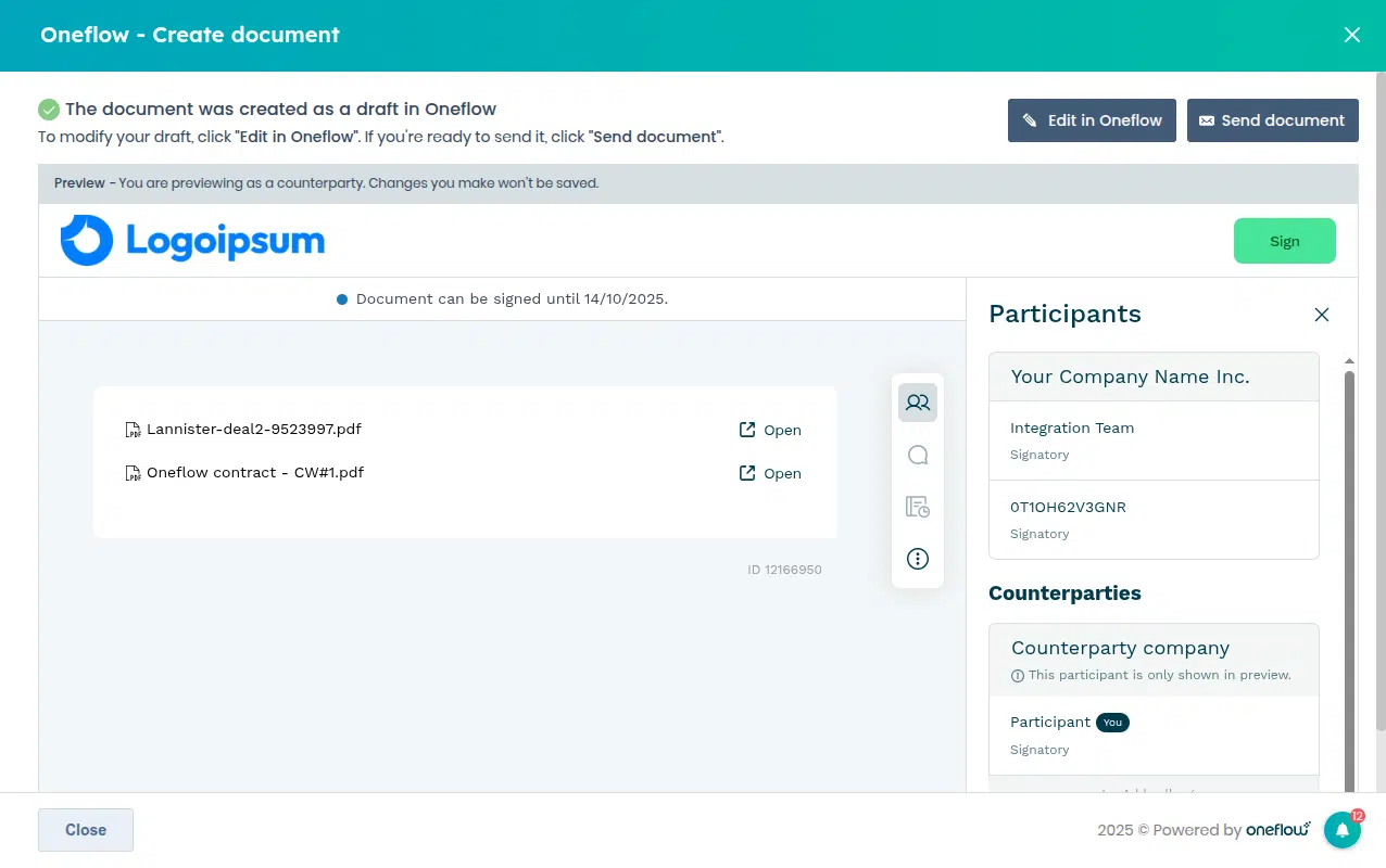 CRM contract management: How to connect customer data, contracts and revenue 1 Creating a contract from the CRM system (HubSpot connected with Oneflow's contract lifecycle management system)