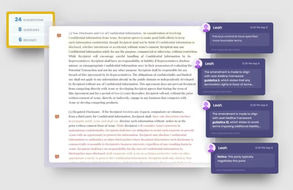 Leah agentic contract management platform showing agreement records and workflow status.
