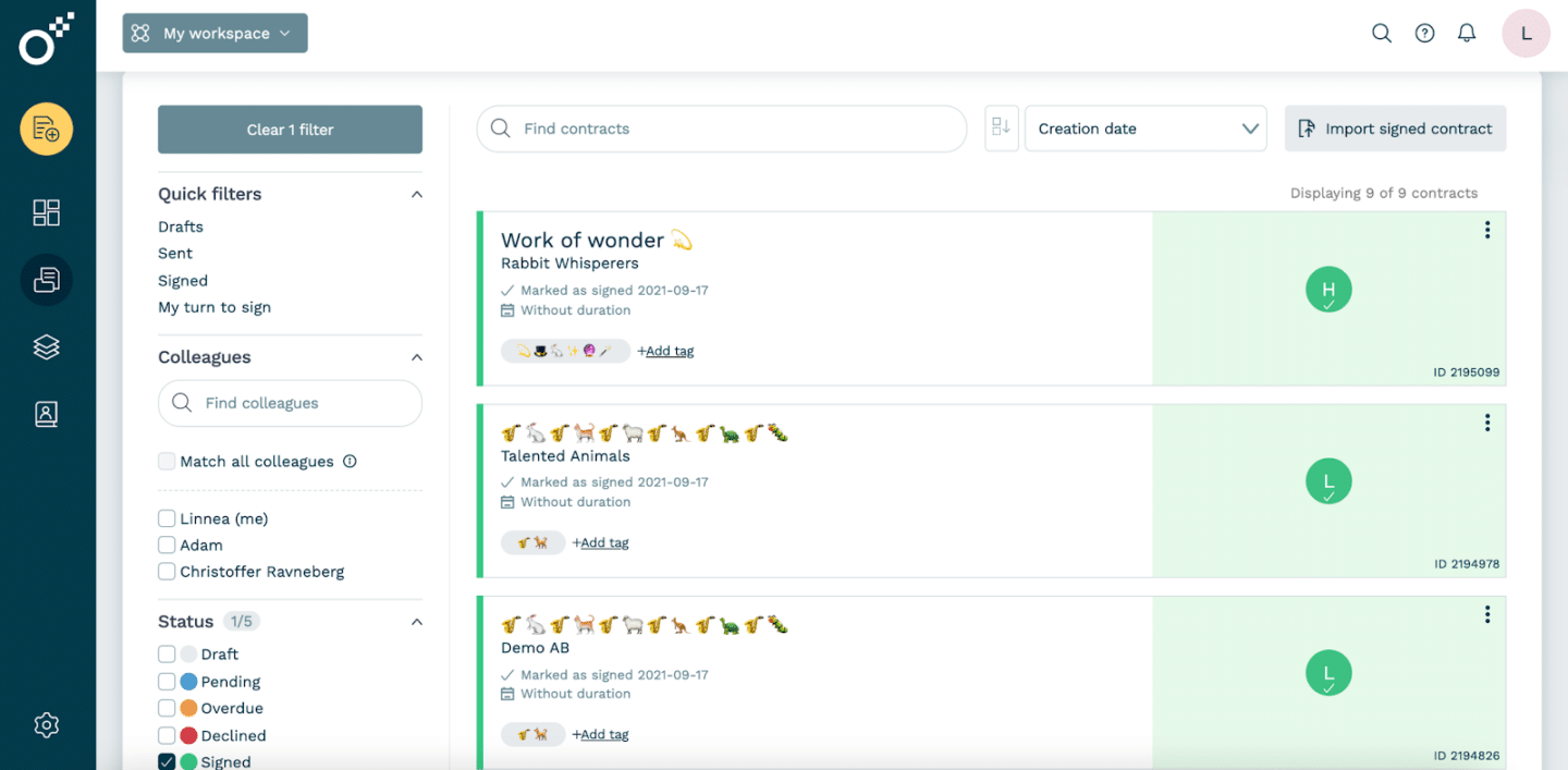 Oneflow contract tracking software showing structured agreement data and lifecycle status.