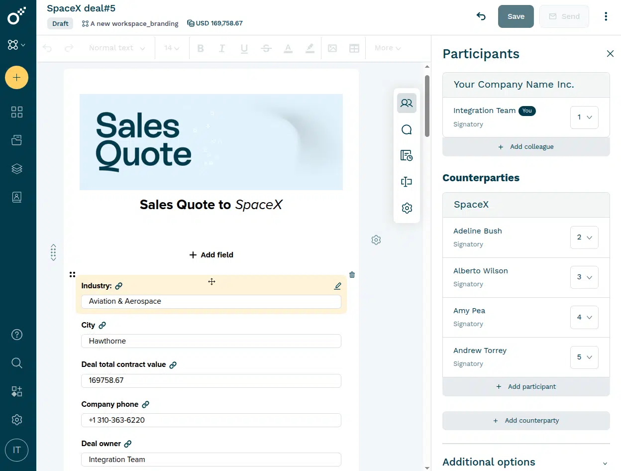 CRM contract management: How to connect customer data, contracts and revenue 3 CRM contract management platform - Oneflow connects contract data with information from HubSpot