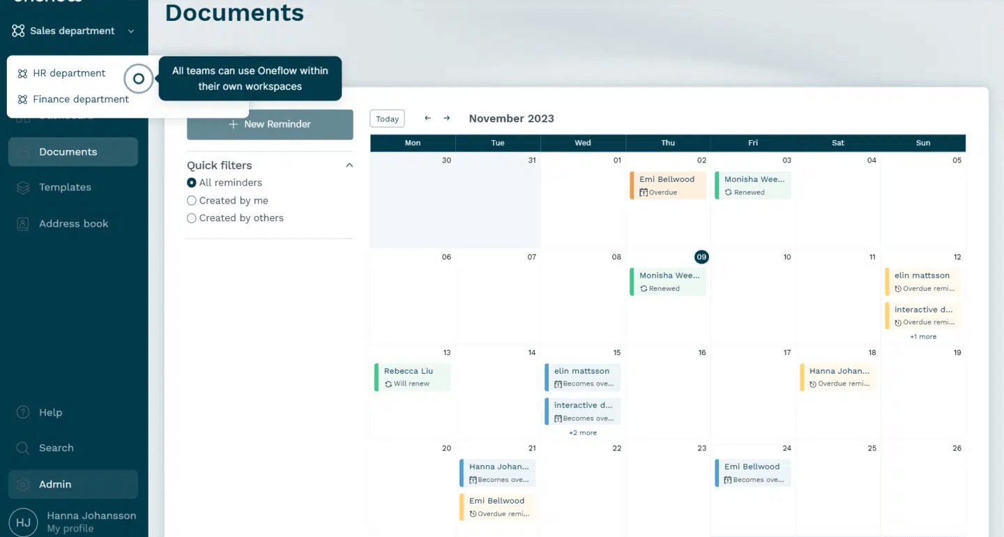 The collaboration tools of Oneflow, a platform for enabling automated contract management services