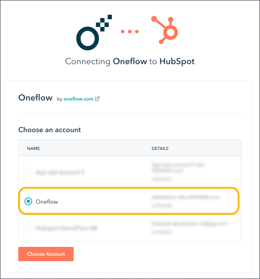 A screen that illustrates the process of integrating Oneflow with HubSpot